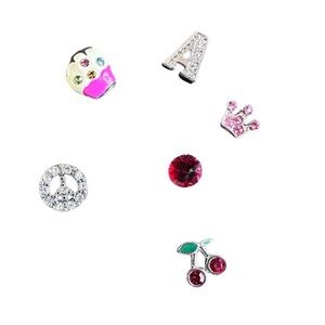Origami Owl Charms; letter A, pink crown, red gem, cherries, peace sign, cupcake